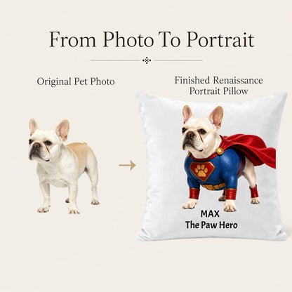 Transform your pet photo into a custom portrait pillow with personalized artwork design and professional photo enhancement