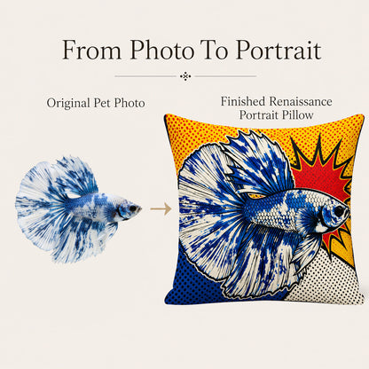 Original betta fish photo transformed into a custom Pop Art pillow cover personalized fish portrait keepsake by HarmengDen®