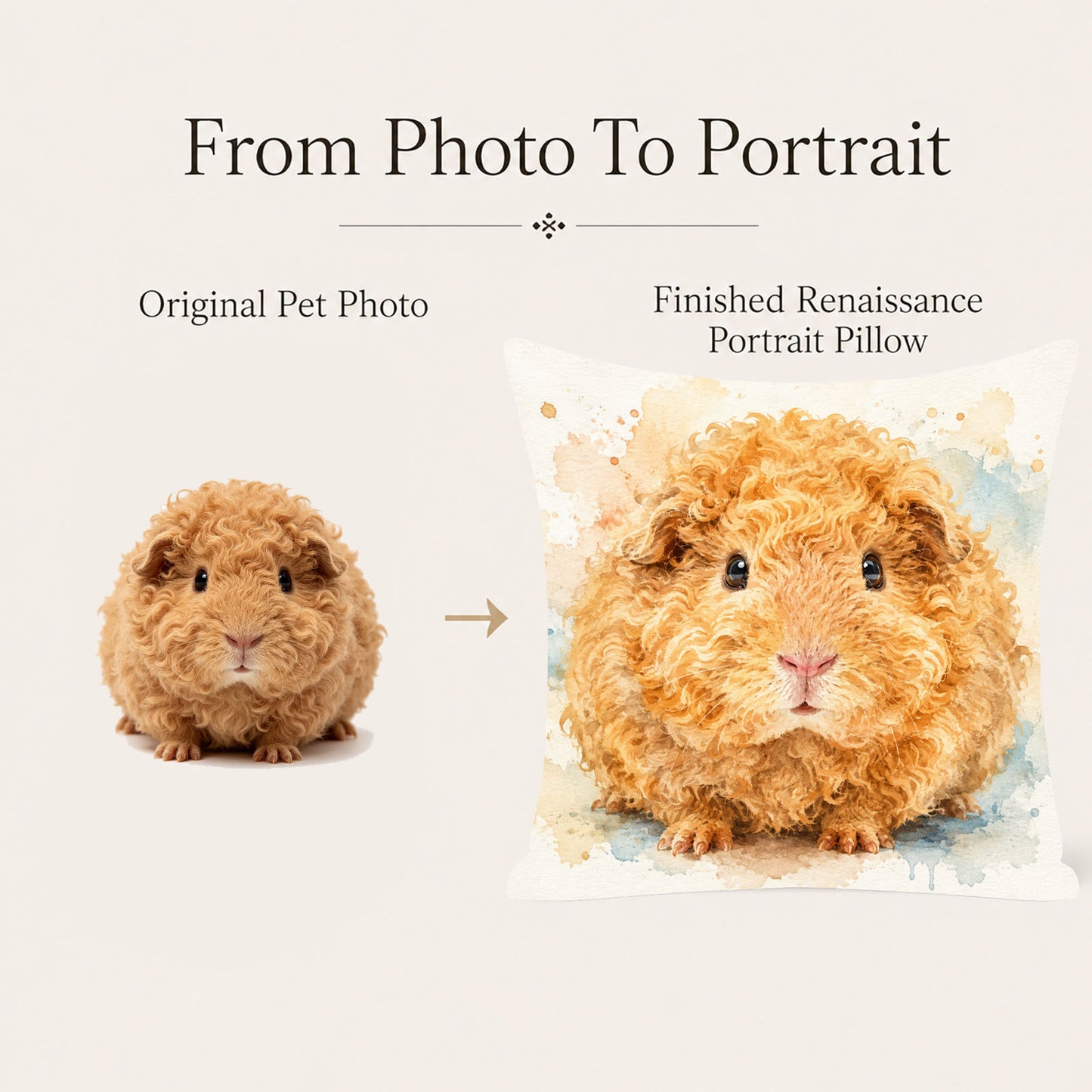 Photo to portrait transformation showing custom pet pillow design process from original photo to finished personalized pillow cover
