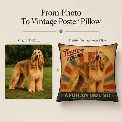 Before and after custom pet portrait pillow showing photo to Vintage Poster artwork transformation