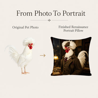 Before and after custom rooster portrait showing an original chicken photo transformed into a detective-style personalized pillow cover.