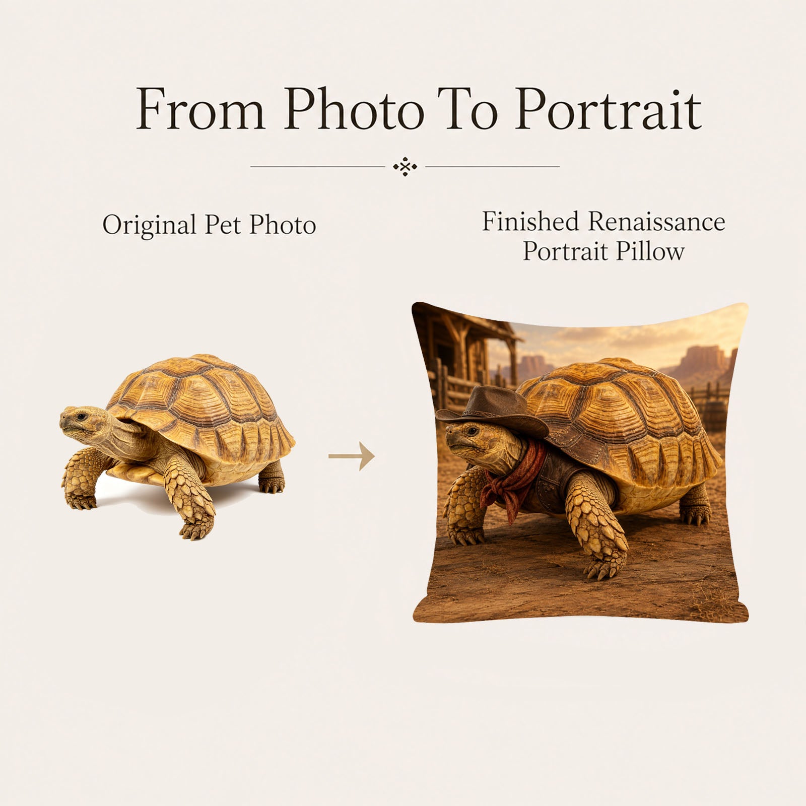Before and after custom tortoise portrait showing an original pet photo transformed into a personalized Cowboy Style pillow cover.