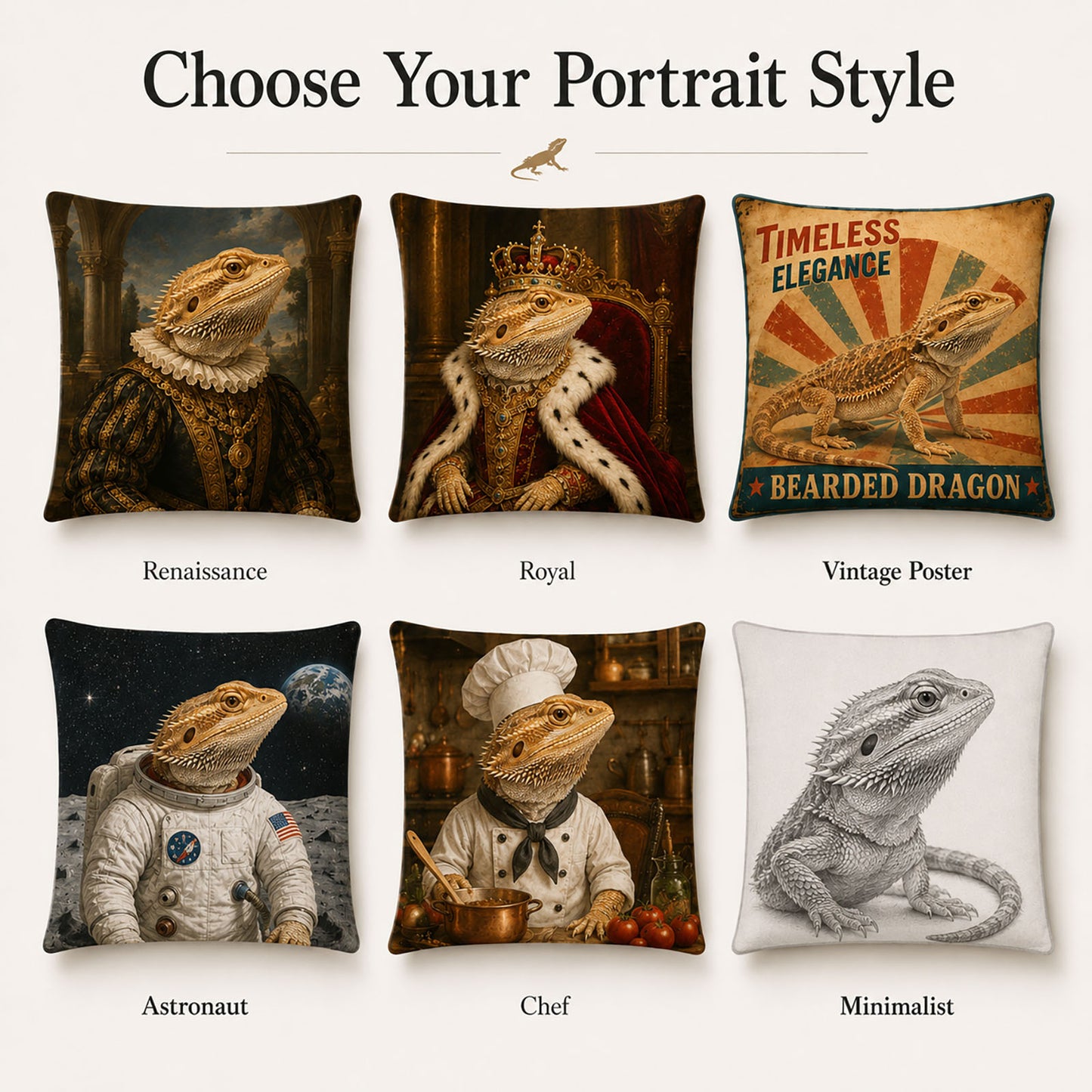 Custom bearded dragon portrait pillow styles including Renaissance, royal, vintage poster, astronaut, chef and minimalist