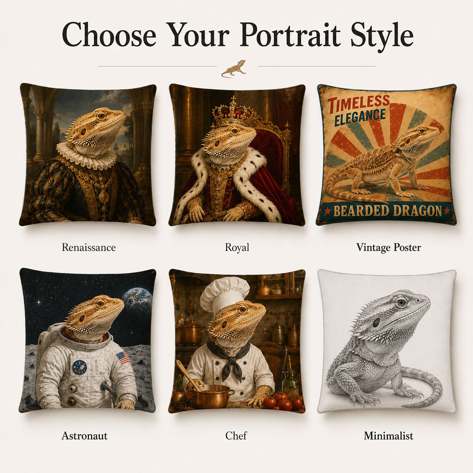 Custom bearded dragon portrait pillow styles including Renaissance, royal, vintage poster, astronaut, chef and minimalist