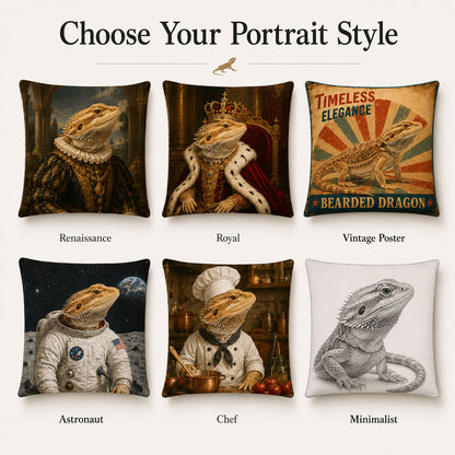 Custom bearded dragon portrait pillow styles including Renaissance, royal, vintage poster, astronaut, chef and minimalist