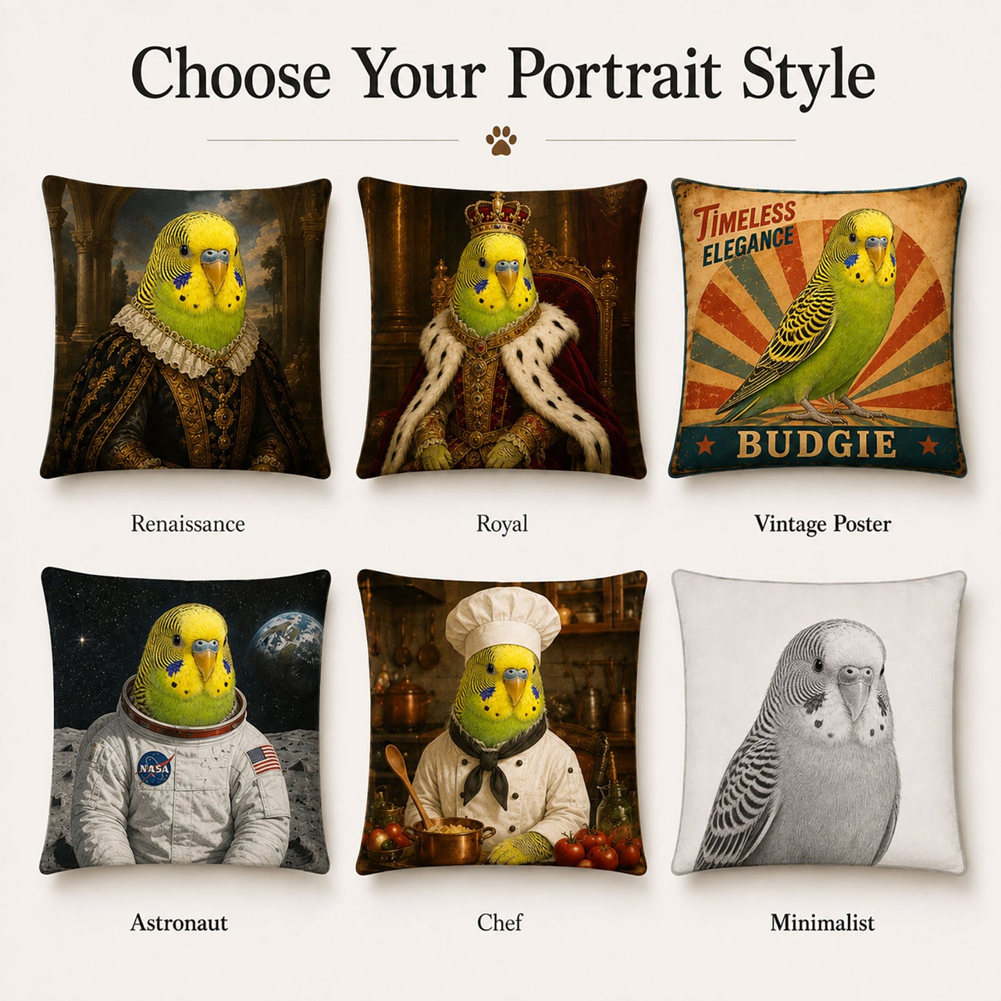 Custom bird portrait pillow cover style options including Renaissance, royal, vintage, astronaut, chef and minimalist