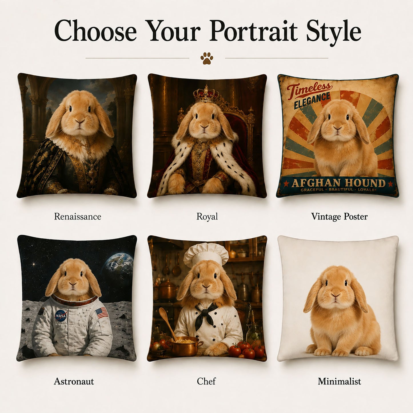 Personalized bunny pillow style collection including Renaissance, Royal, Vintage Poster, Astronaut, Chef and Minimalist rabbit portraits.