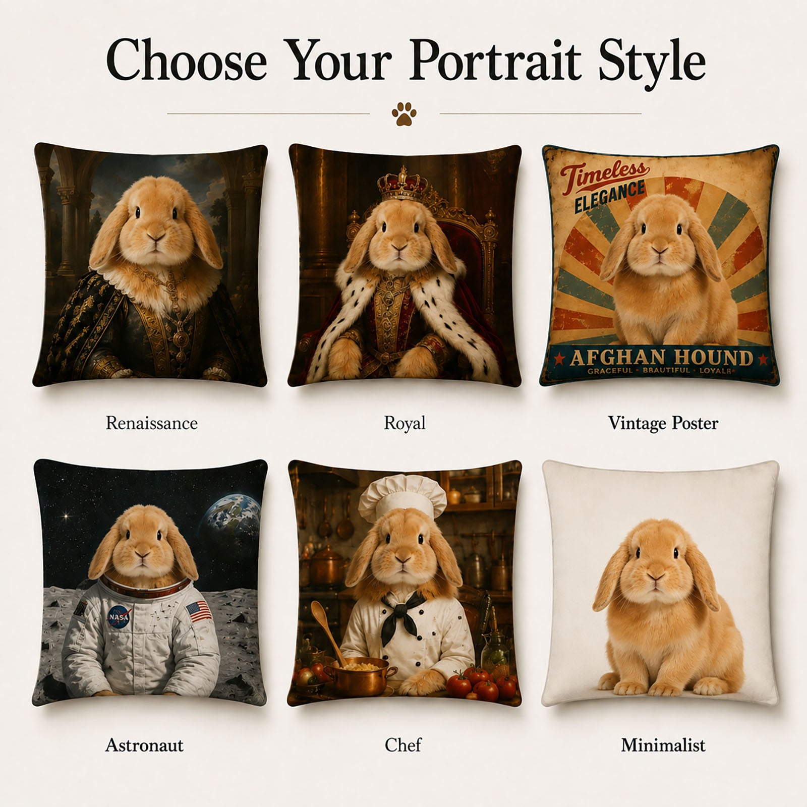Personalized bunny pillow style collection including Renaissance, Royal, Vintage Poster, Astronaut, Chef and Minimalist rabbit portraits.