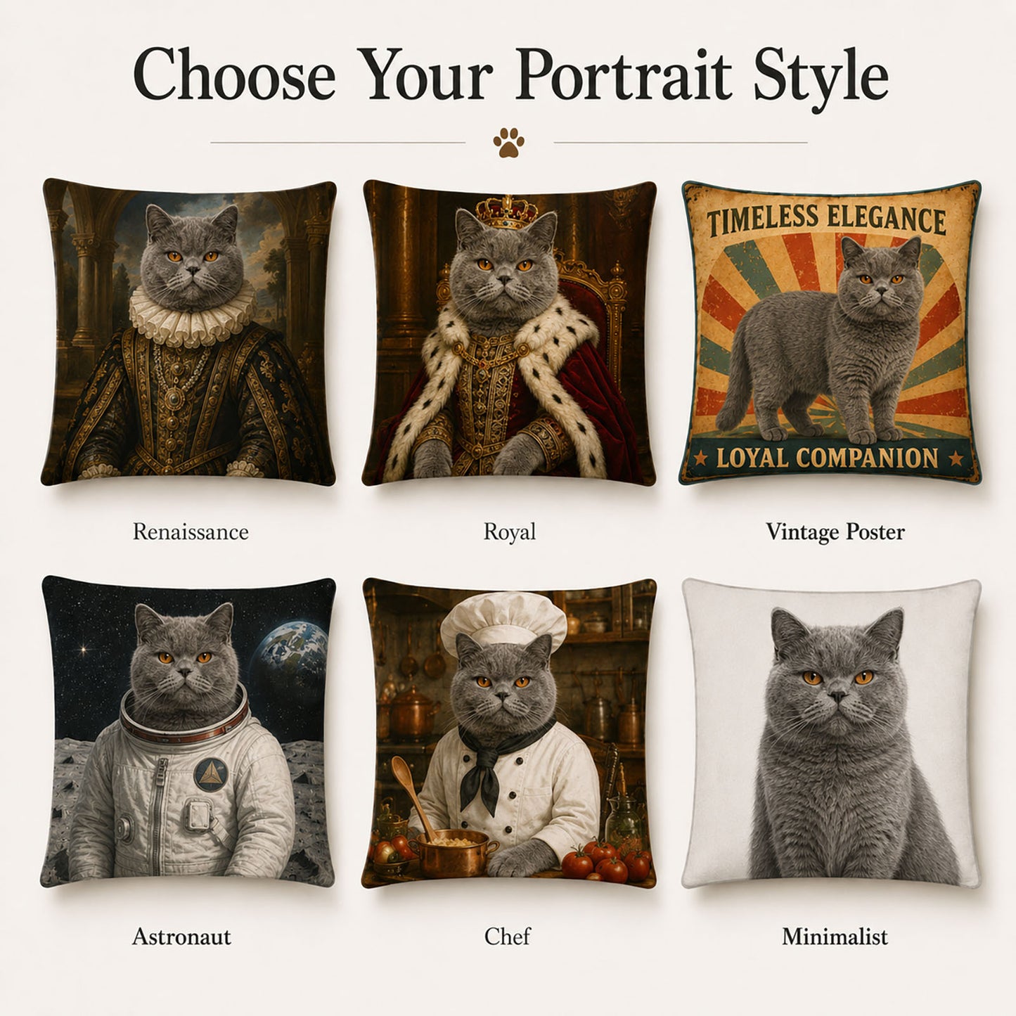 Custom cat portrait pillow cover styles including Renaissance, royal, vintage, astronaut, chef and minimalist designs