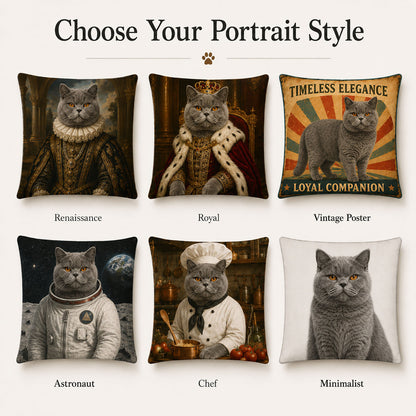 Custom cat portrait pillow cover styles including Renaissance, royal, vintage, astronaut, chef and minimalist designs
