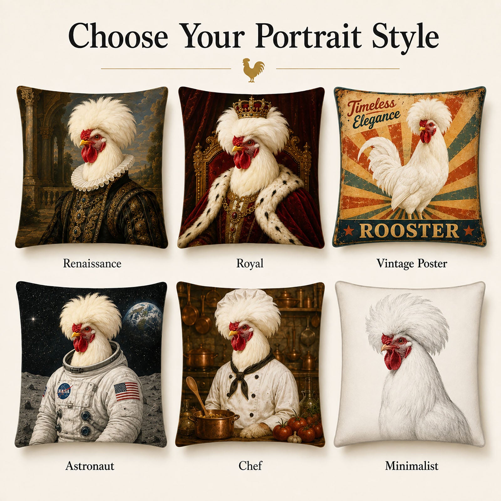 Custom chicken portrait pillow style options including Renaissance, royal, vintage poster, astronaut, chef and minimalist designs.