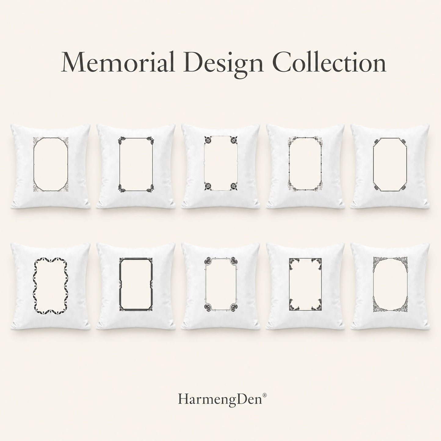 Collection of ten customizable memorial pillow cover templates with elegant silver and black portrait frames