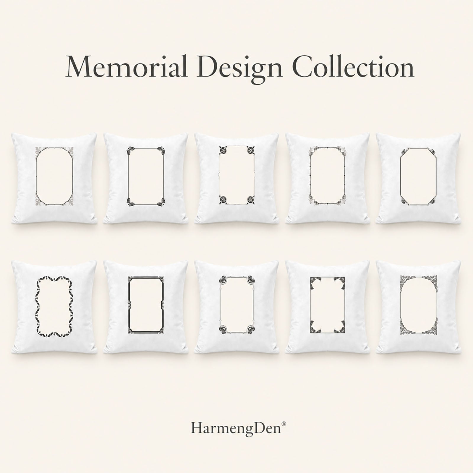 Collection of ten customizable memorial pillow cover templates with elegant silver and black portrait frames
