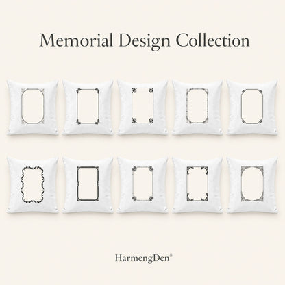 Collection of ten customizable memorial pillow cover templates with elegant silver and black portrait frames