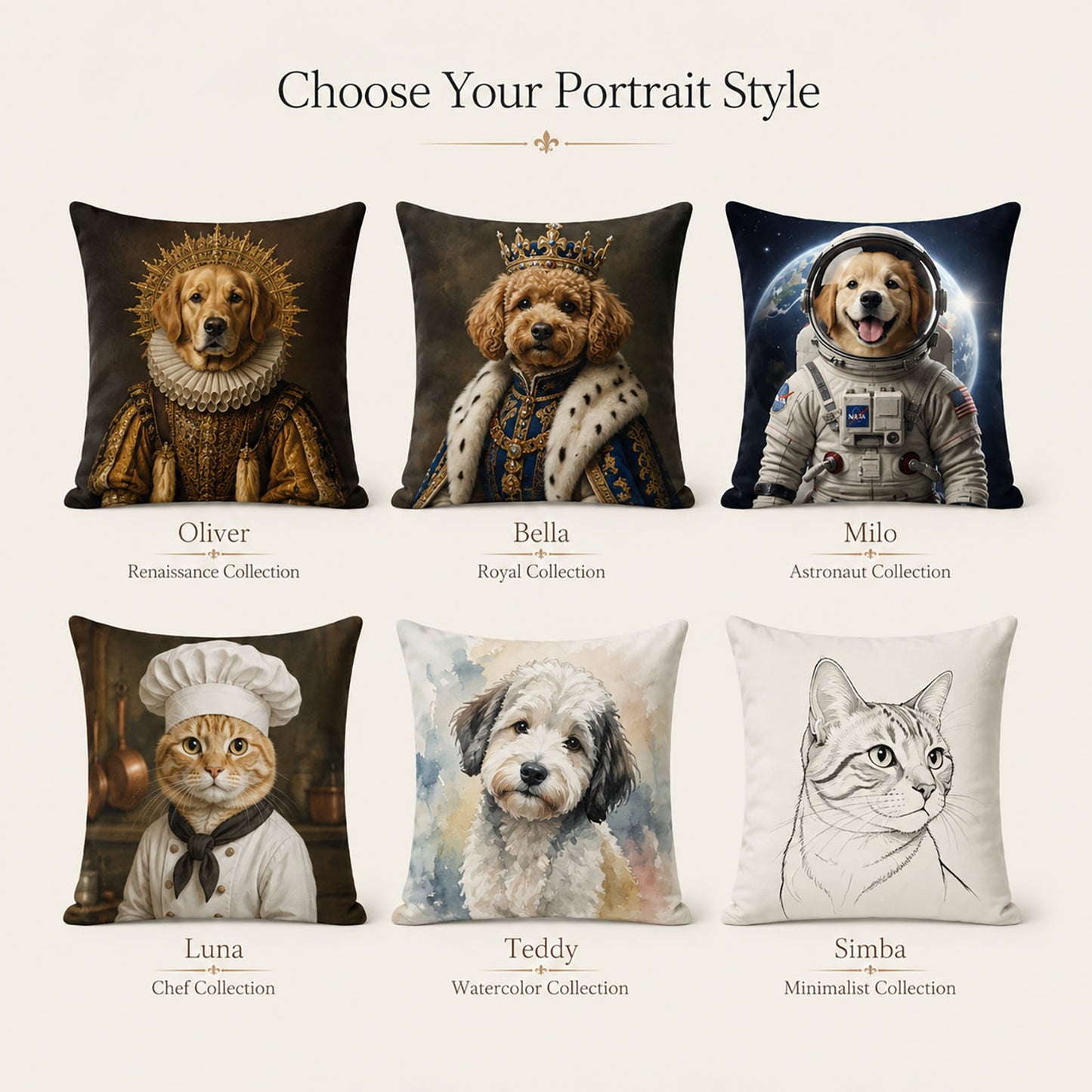 Custom pet portrait pillow covers shown in Renaissance, royal, astronaut, chef and modern art styles.