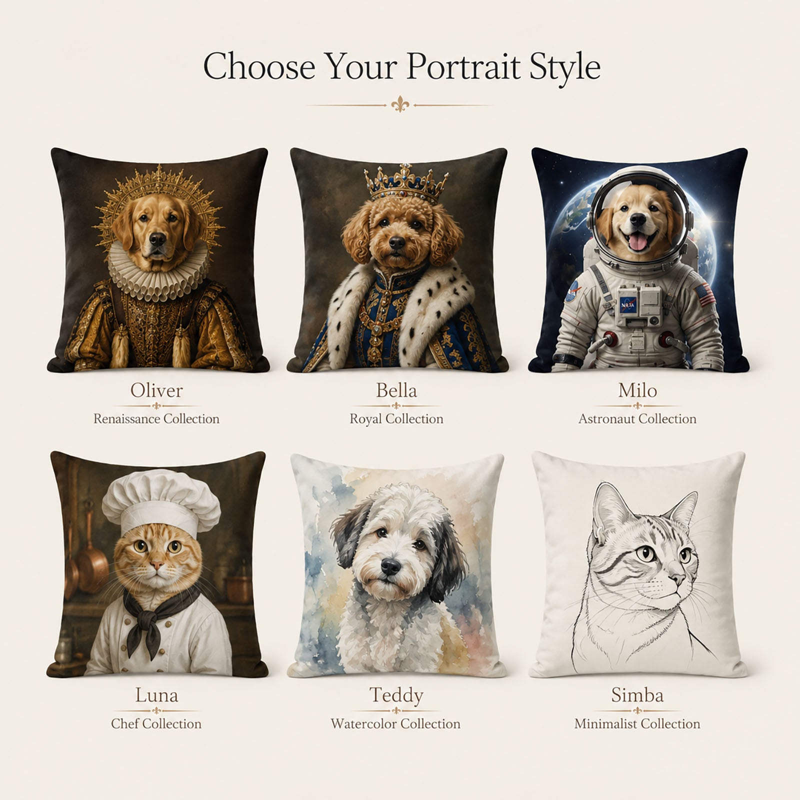 Custom pet portrait pillow covers shown in Renaissance, royal, astronaut, chef and modern art styles.