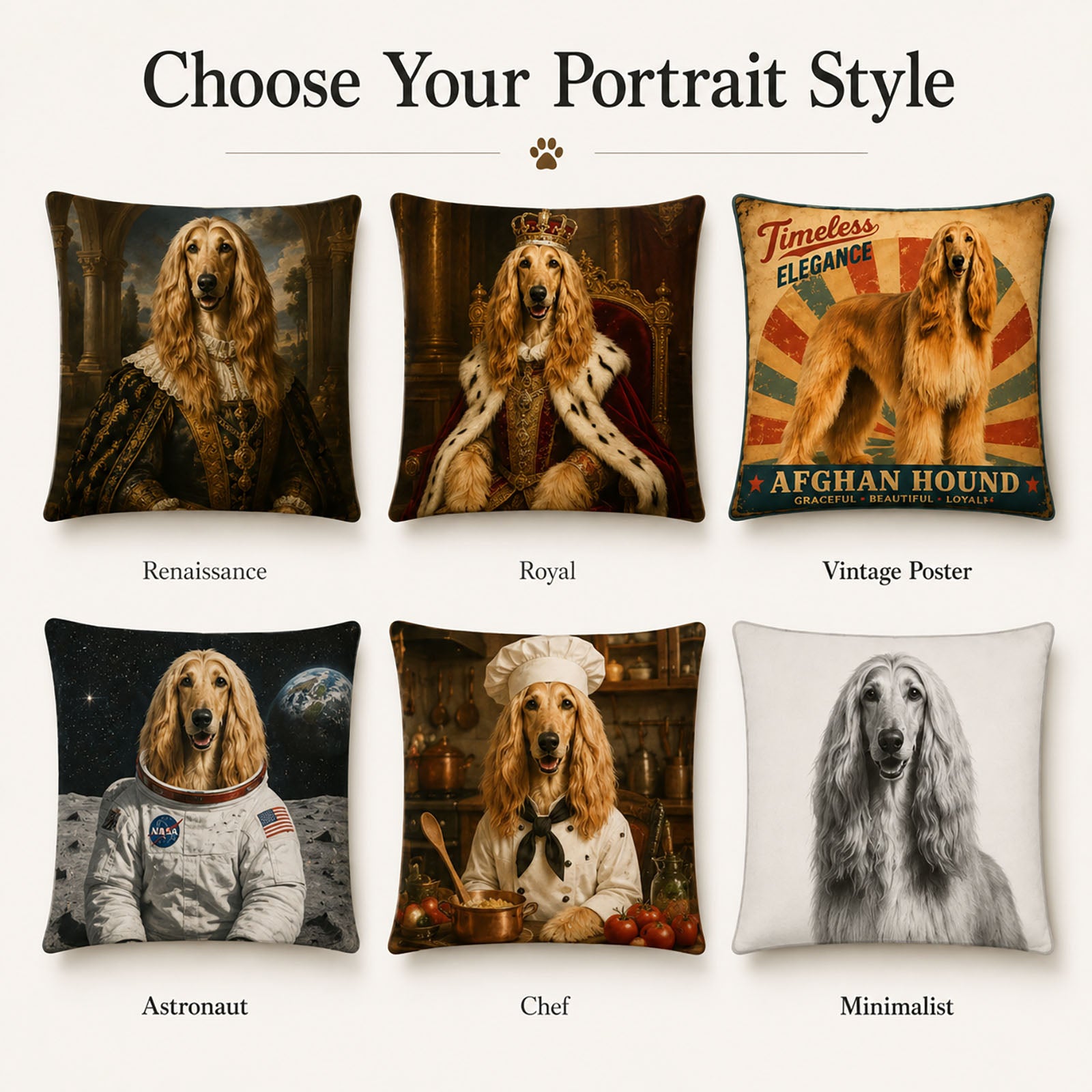 Choose your personalized pet portrait pillow style including Renaissance Royal Vintage Poster Astronaut Chef and Minimalist