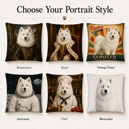 Custom pet portrait pillow cover styles including Renaissance, royal, vintage poster, astronaut, chef and minimalist artwork