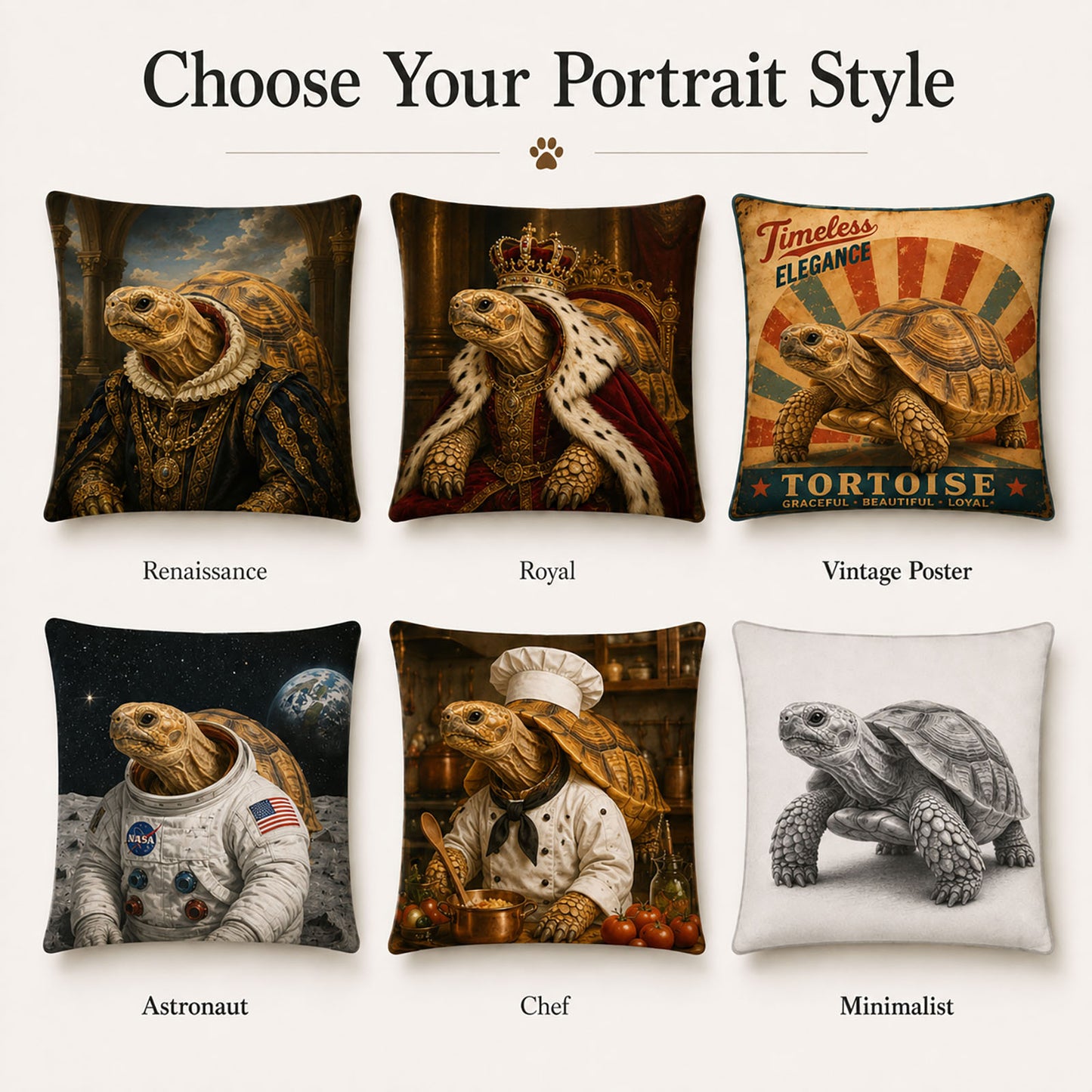 Custom tortoise portrait pillow style options including Renaissance, royal, vintage poster, astronaut, chef and minimalist artwork.