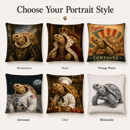 Custom tortoise portrait pillow style options including Renaissance, royal, vintage poster, astronaut, chef and minimalist artwork.