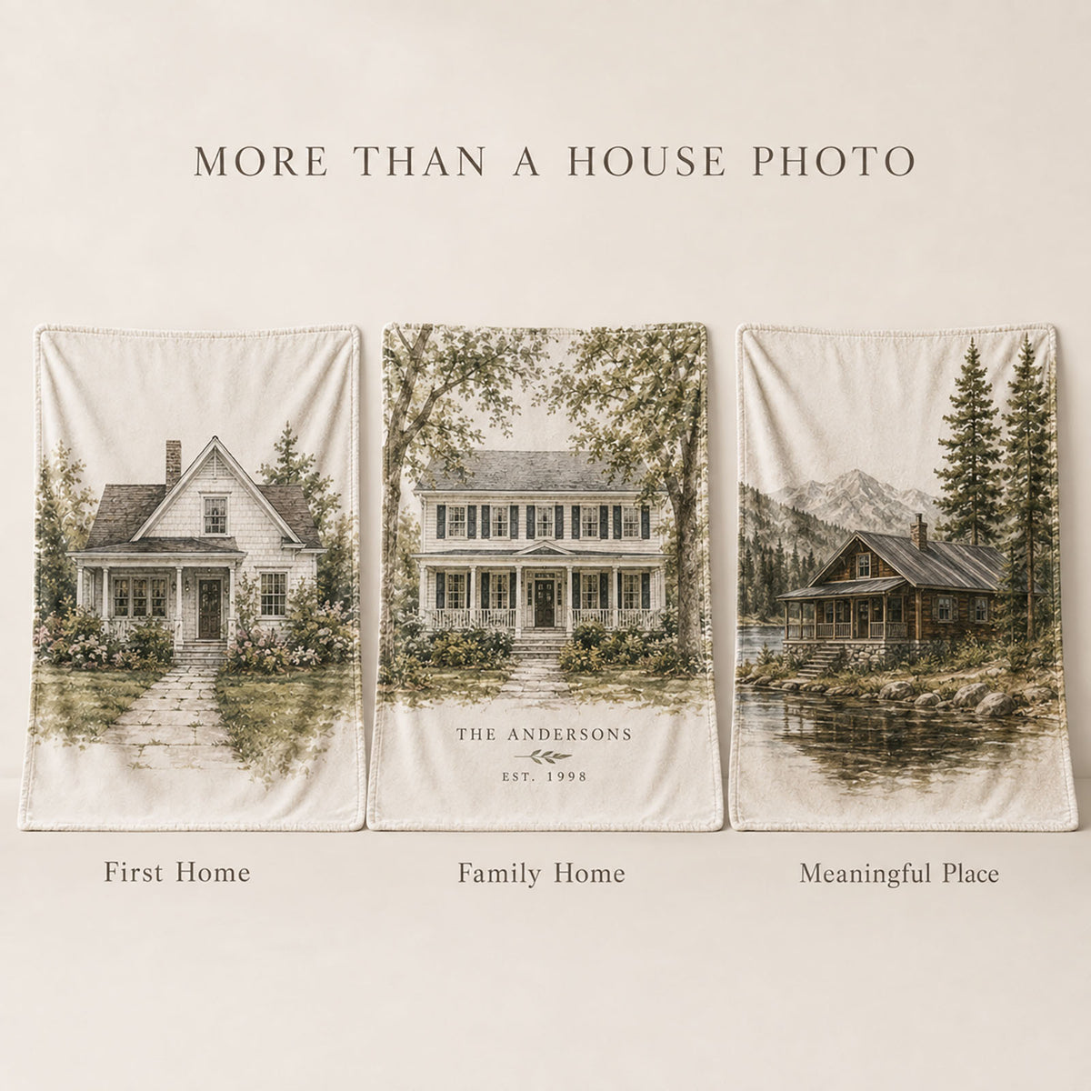Personalized home portrait blankets designed for a first home, family home or other meaningful place.