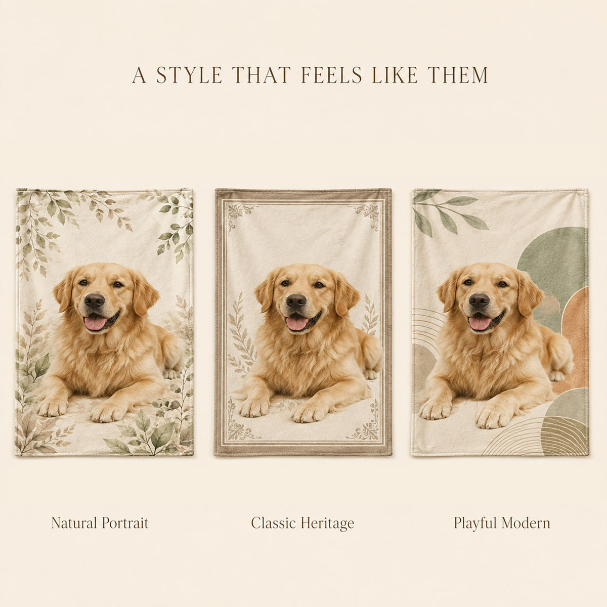 Custom pet portrait blanket shown in Natural Portrait, Classic Heritage and Playful Modern design styles.