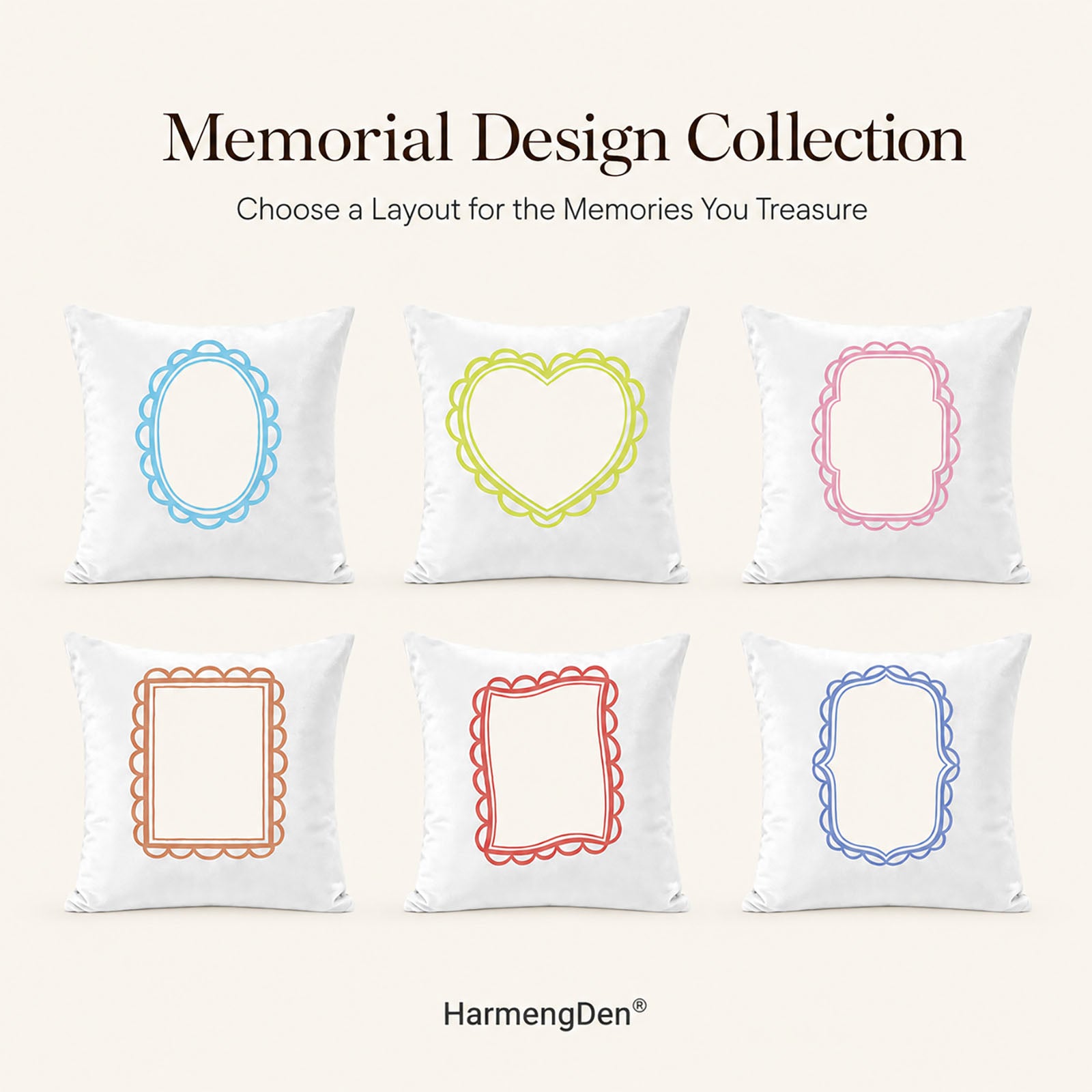 Memorial pillow cover design collection with six customizable photo layouts for a bespoke remembrance gift or family keepsake