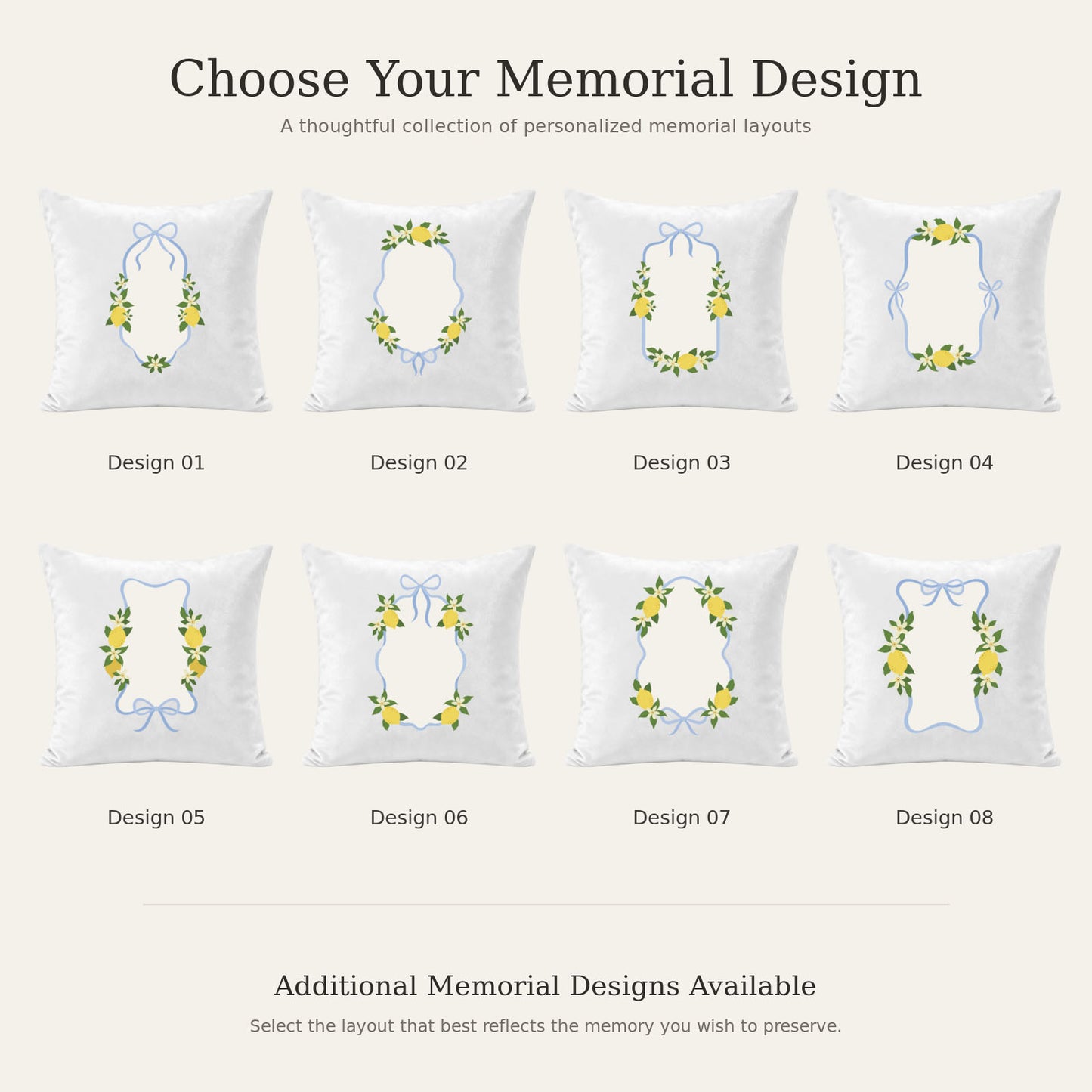 Eight floral and ribbon design options for a custom memorial photo pillow cover