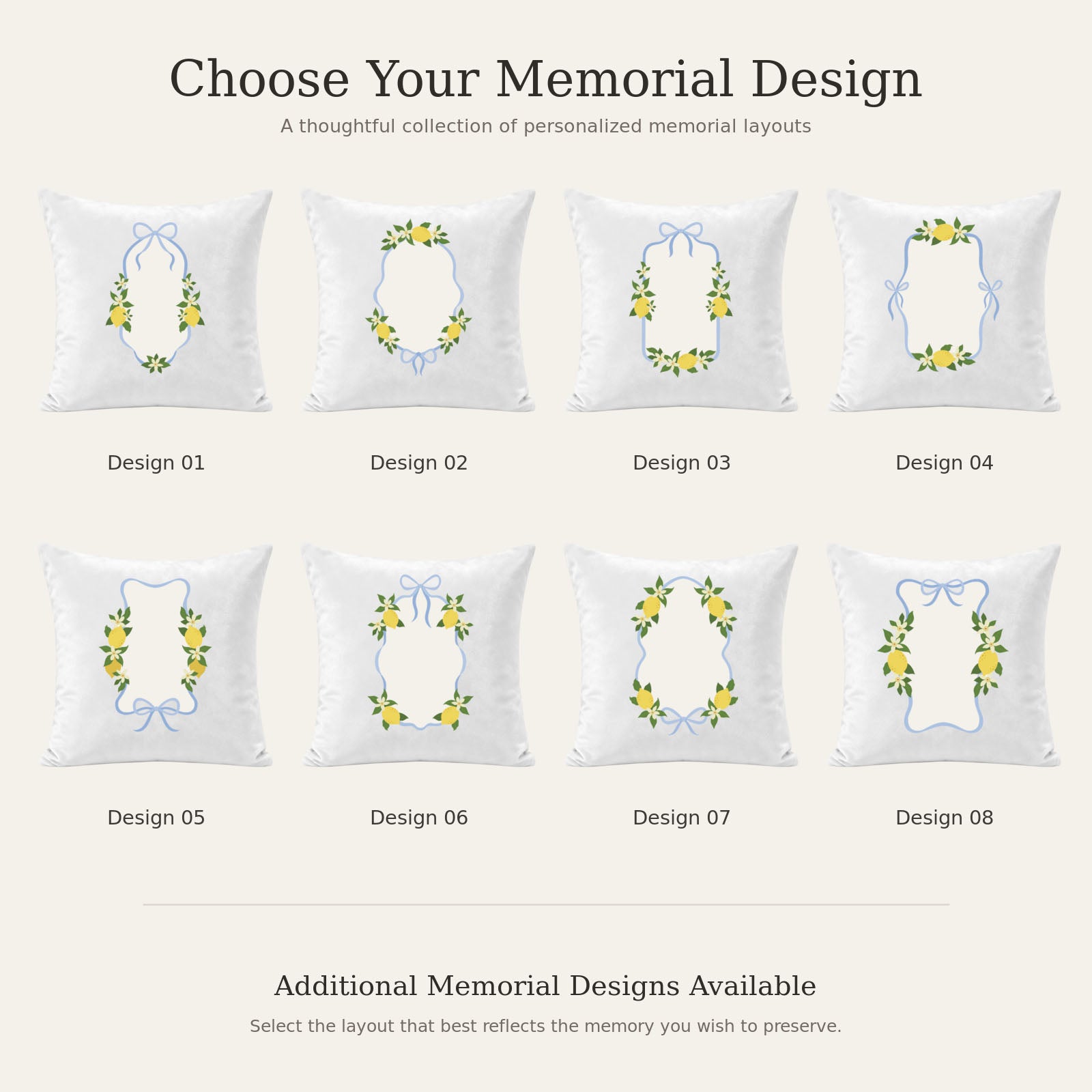 Eight floral and ribbon design options for a custom memorial photo pillow cover
