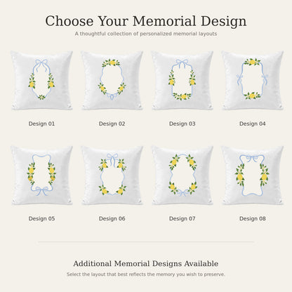 Eight floral and ribbon design options for a custom memorial photo pillow cover