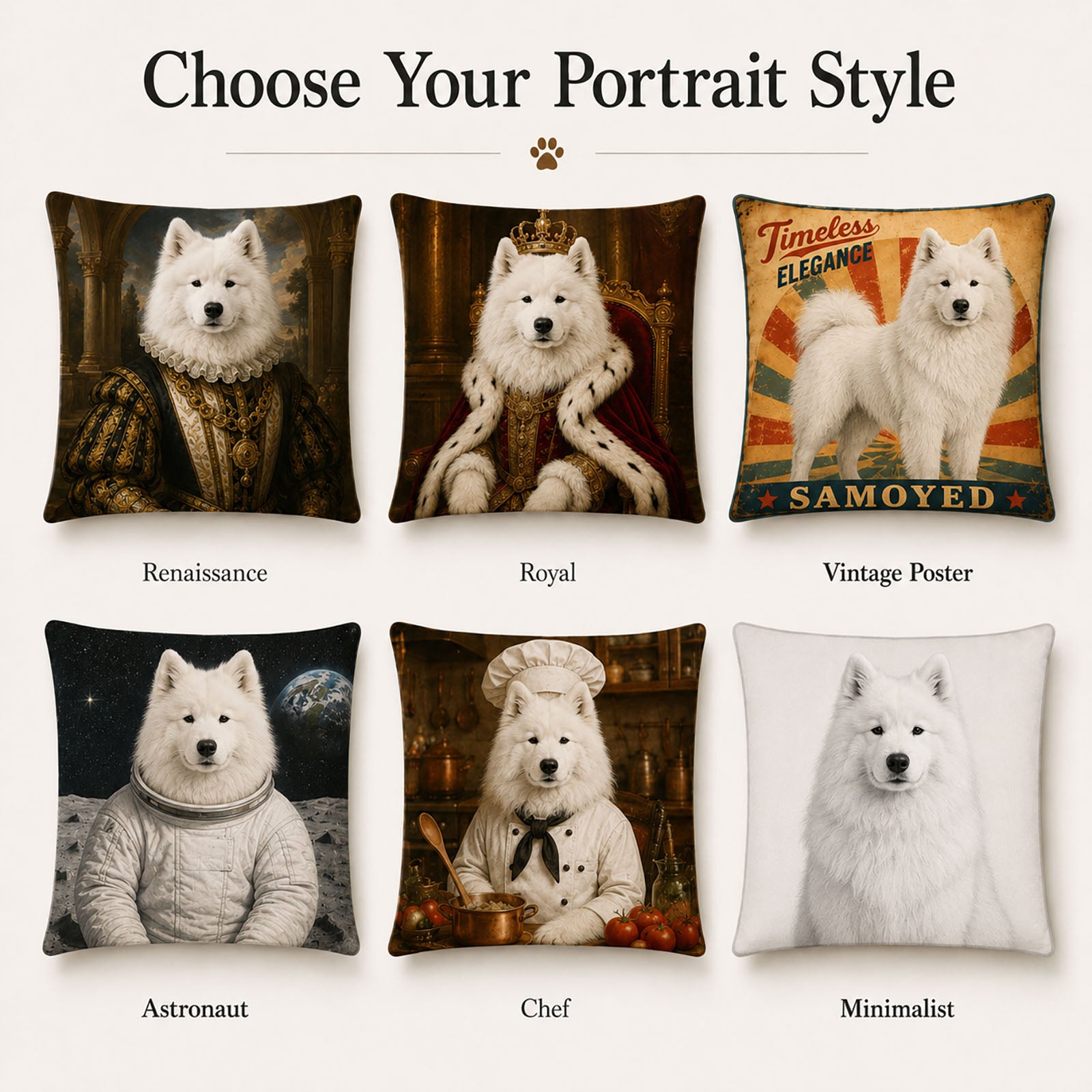 Personalized dog portrait pillow cover styles including Renaissance, royal, vintage poster, astronaut, chef and minimalist