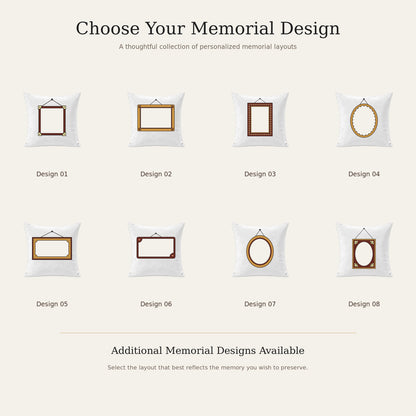 Eight hanging frame and oval layout options for a personalized memorial photo pillow cover