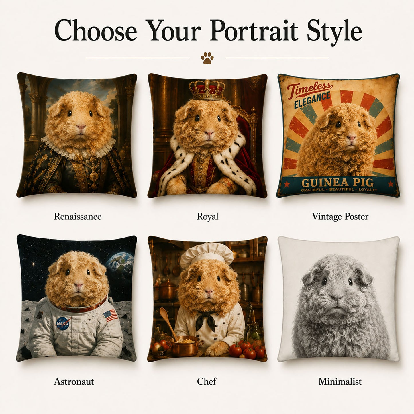 Personalized pet portrait pillow style collection including renaissance, royal, astronaut, chef and vintage artwork designs