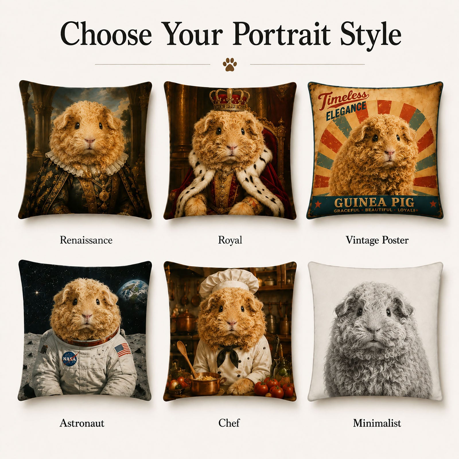 Personalized pet portrait pillow style collection including renaissance, royal, astronaut, chef and vintage artwork designs
