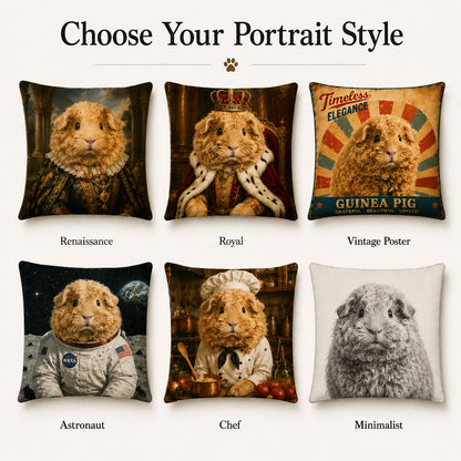 Personalized pet portrait pillow style collection including renaissance, royal, astronaut, chef and vintage artwork designs