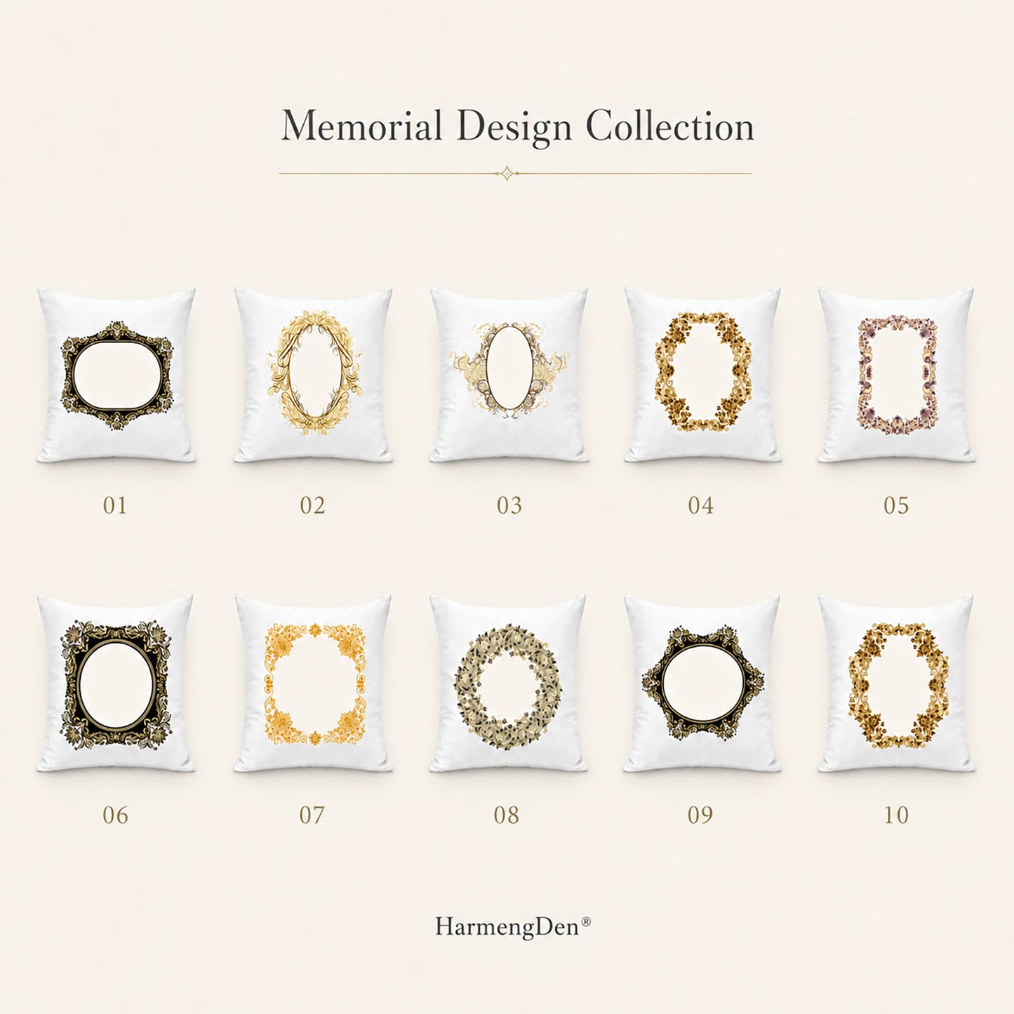 Ten numbered pet memorial pillow cover templates with customizable black, gold and floral portrait frames