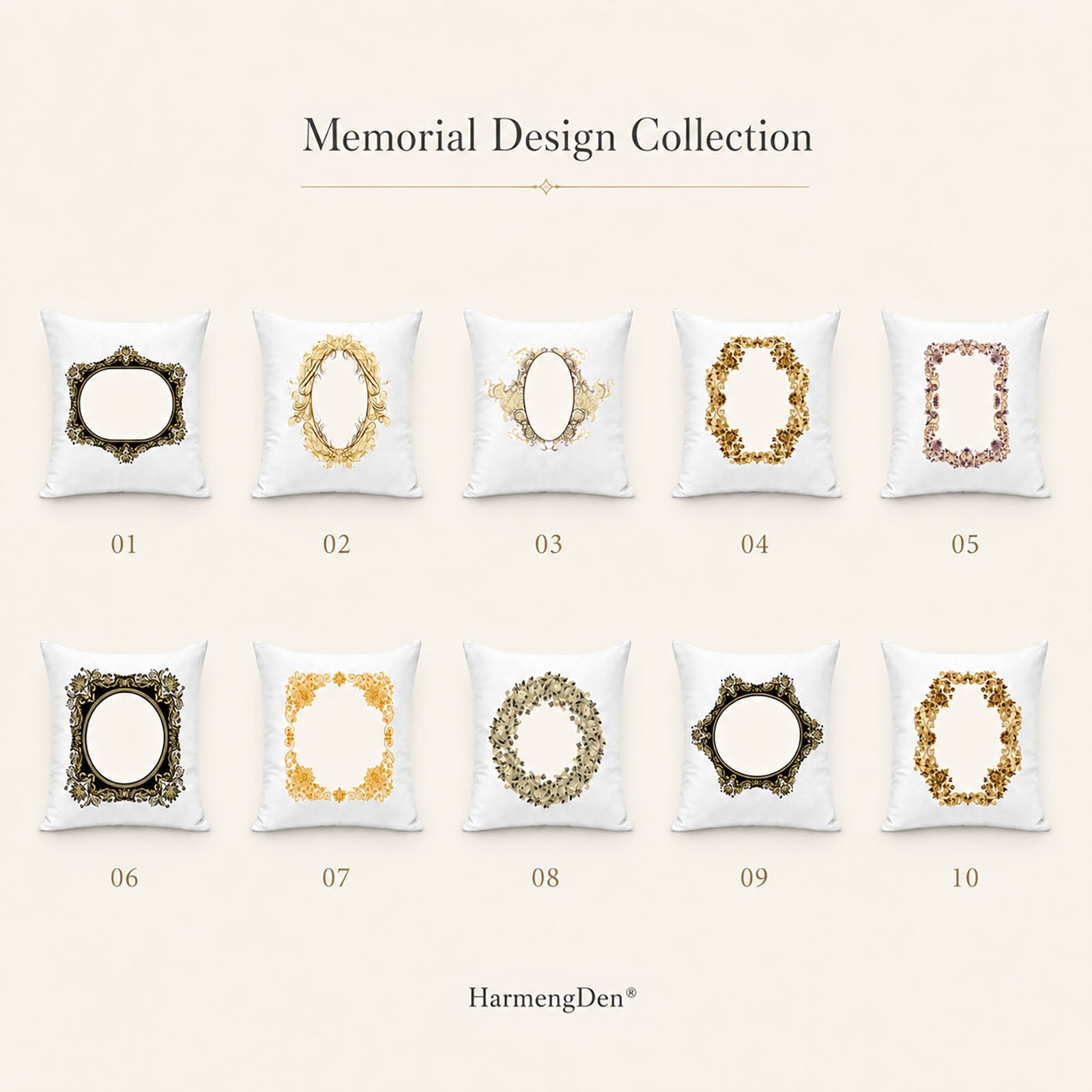 Ten numbered pet memorial pillow cover templates with customizable black, gold and floral portrait frames