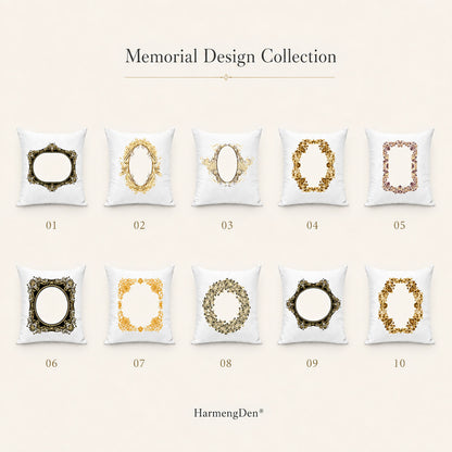 Ten numbered pet memorial pillow cover templates with customizable black, gold and floral portrait frames