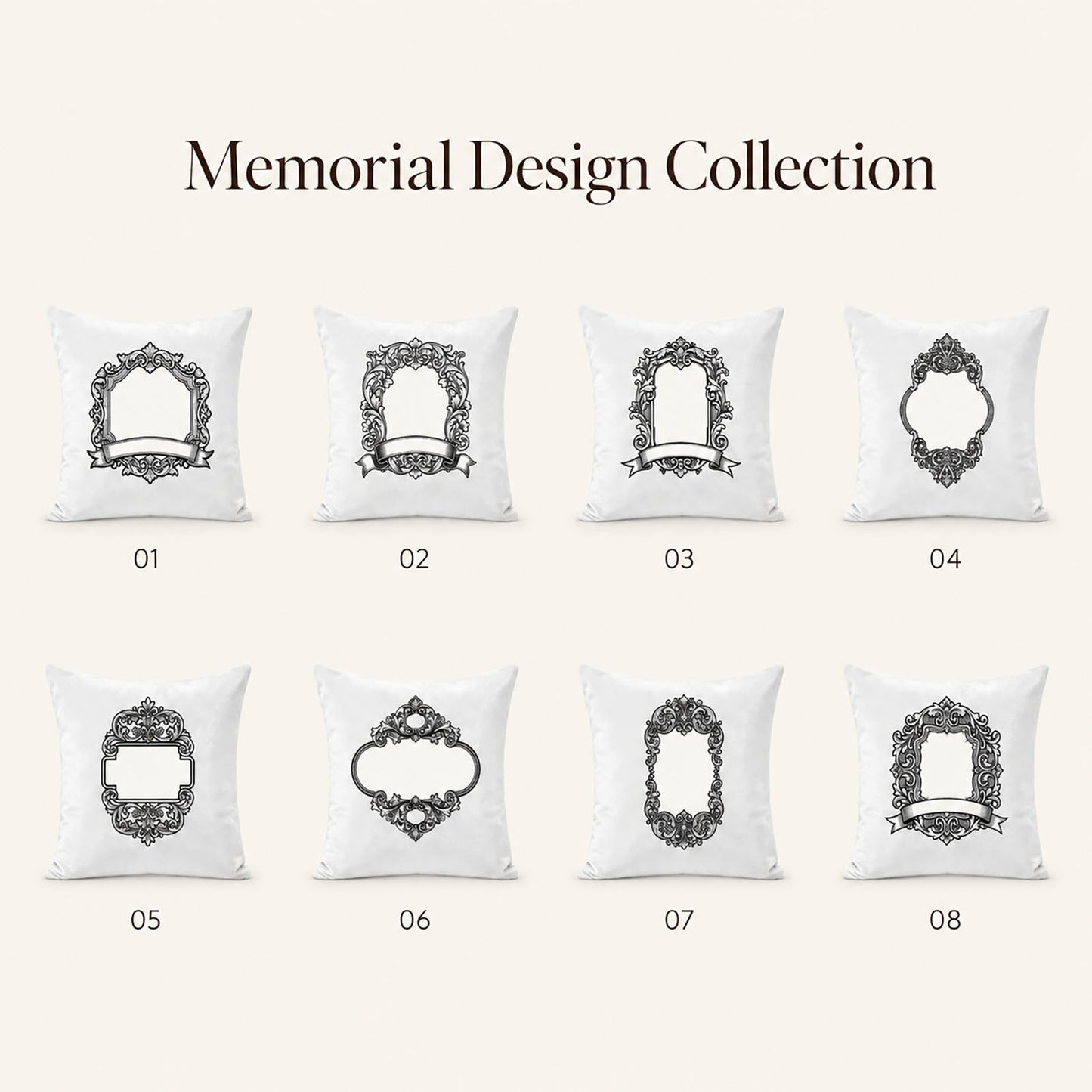 Eight customizable memorial frame designs for a personalized dog or cat photo pillow cover