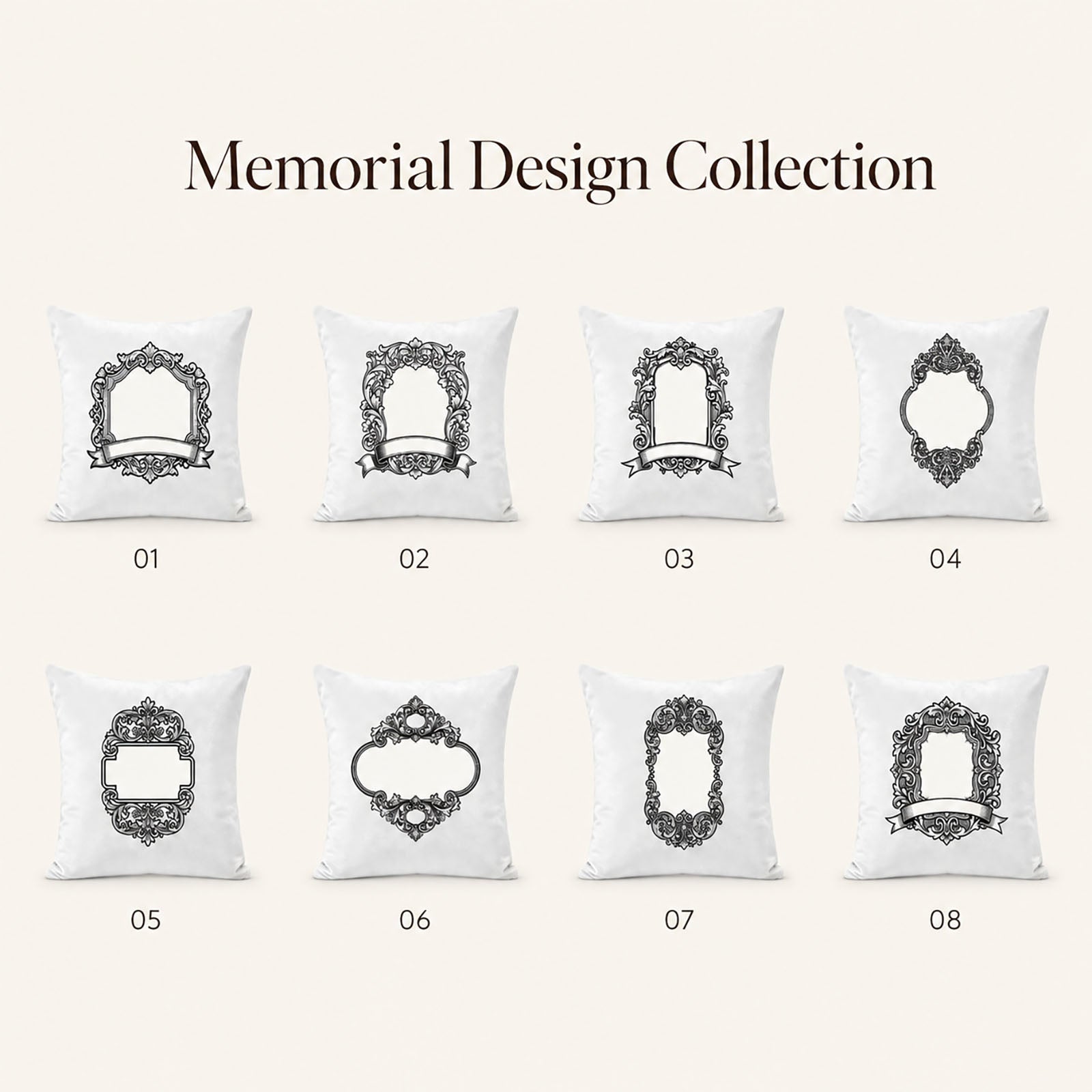 Eight customizable memorial frame designs for a personalized dog or cat photo pillow cover