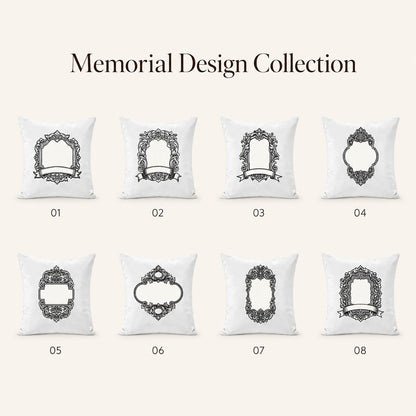 Eight customizable memorial frame designs for a personalized dog or cat photo pillow cover