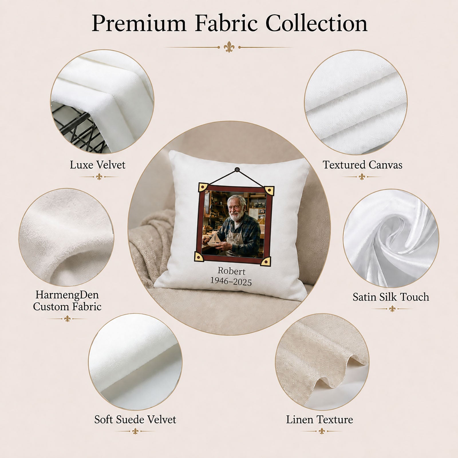 Fabric choices for a custom memorial pillow cover including velvet, canvas, satin, suede velvet and linen texture