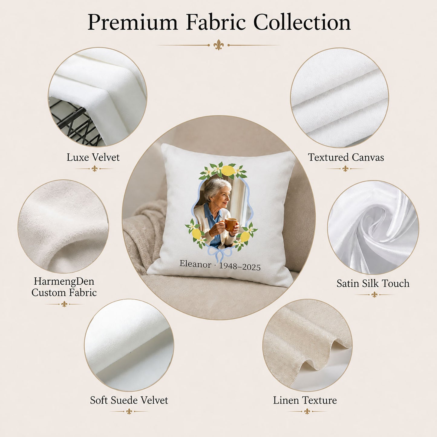 Fabric options for a personalized memorial pillow cover including velvet, canvas, satin, suede velvet and linen texture