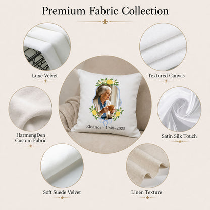 Fabric options for a personalized memorial pillow cover including velvet, canvas, satin, suede velvet and linen texture