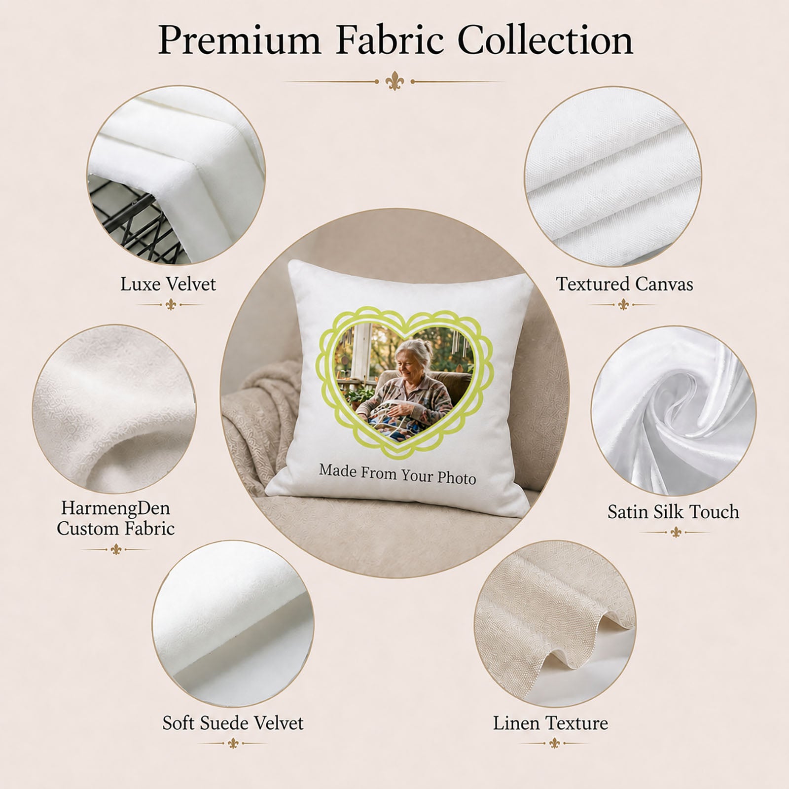 Custom memorial pillow cover fabric options including velvet, canvas, satin, suede velvet, linen texture and custom fabric selection