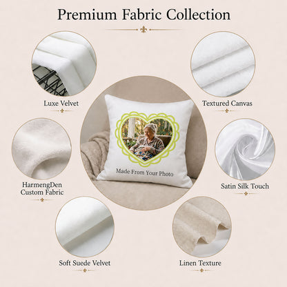 Custom memorial pillow cover fabric options including velvet, canvas, satin, suede velvet, linen texture and custom fabric selection