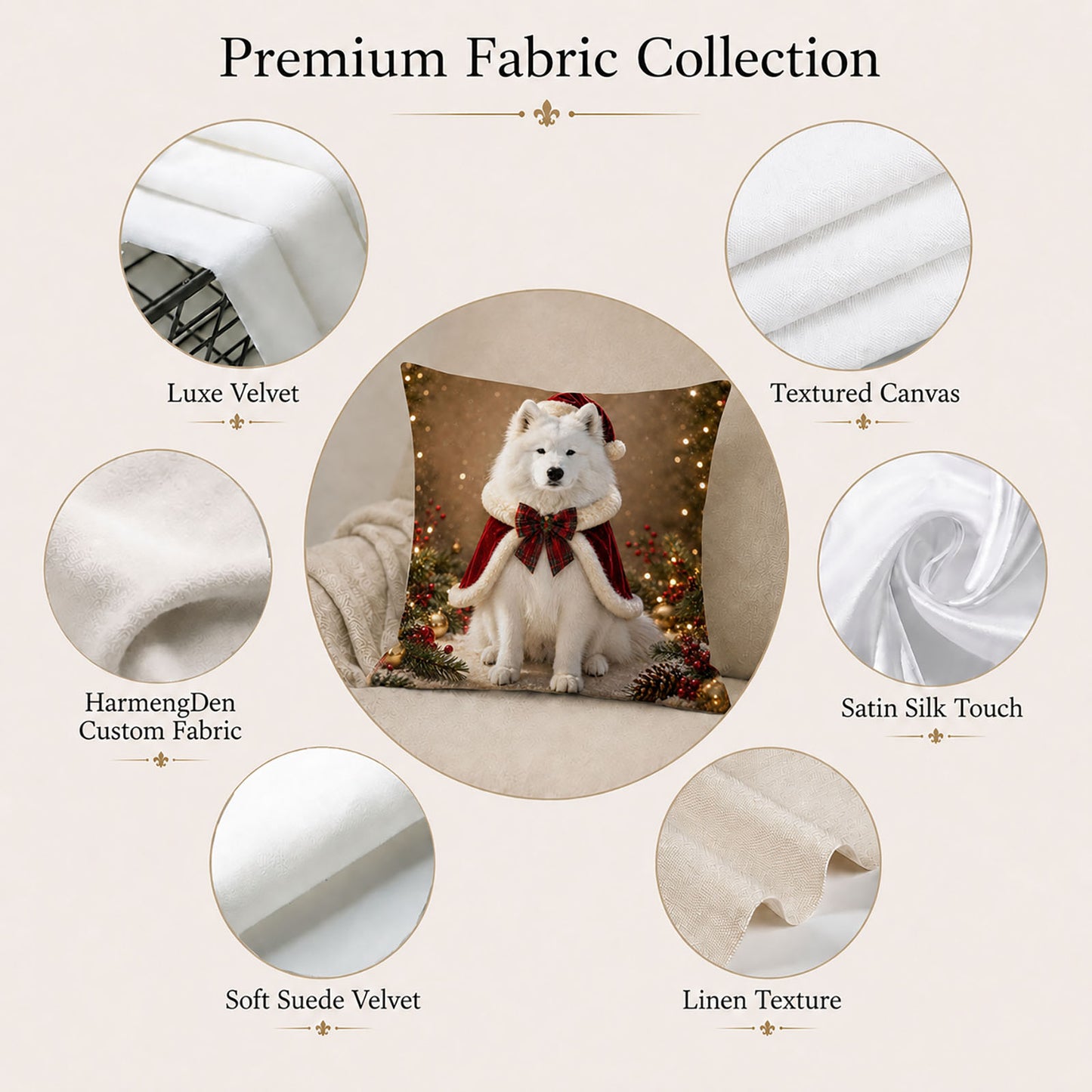 Custom pet portrait pillow cover with Luxe Velvet, Textured Canvas, Satin Silk Touch, Soft Suede Velvet and Linen Texture options