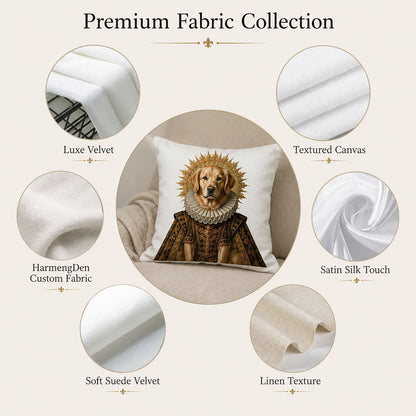 Fabric choices for custom pillow covers including velvet, satin, canvas, linen and suede.
