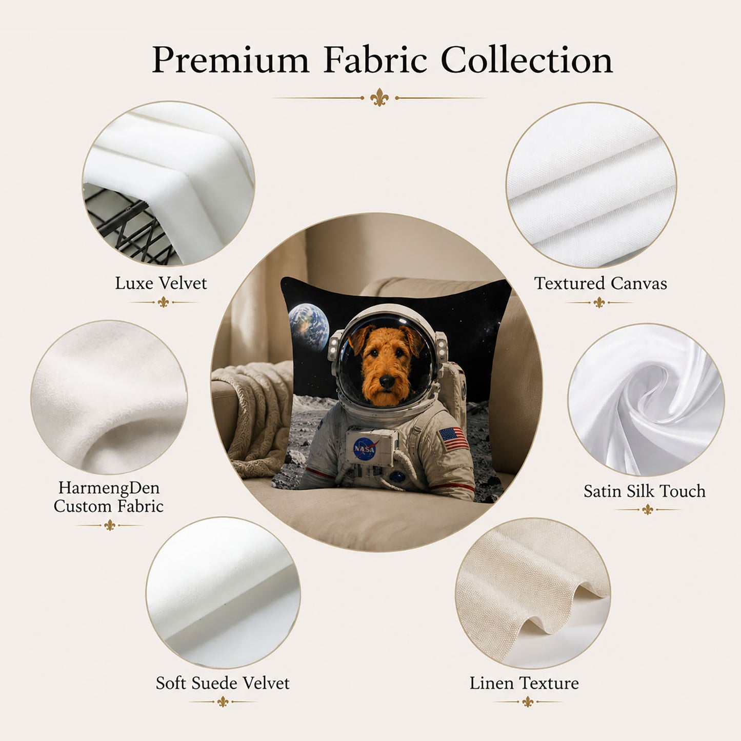 Custom pillow cover size guide showing 16 inch, 18 inch, 20 inch and 22 inch personalized photo pillow sizes
