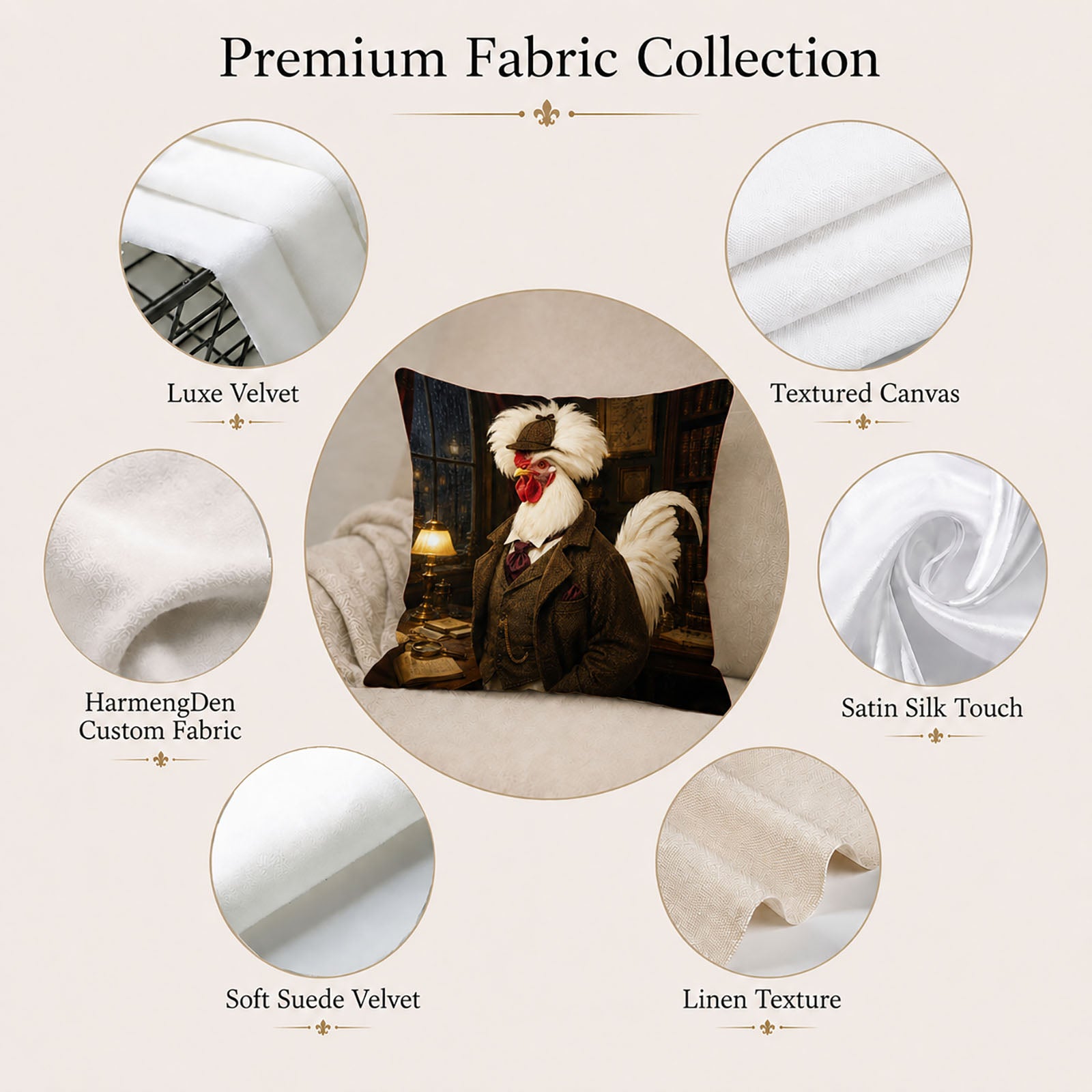 Fabric options for a custom rooster portrait pillow cover including luxe velvet, canvas, satin, suede velvet and linen texture.